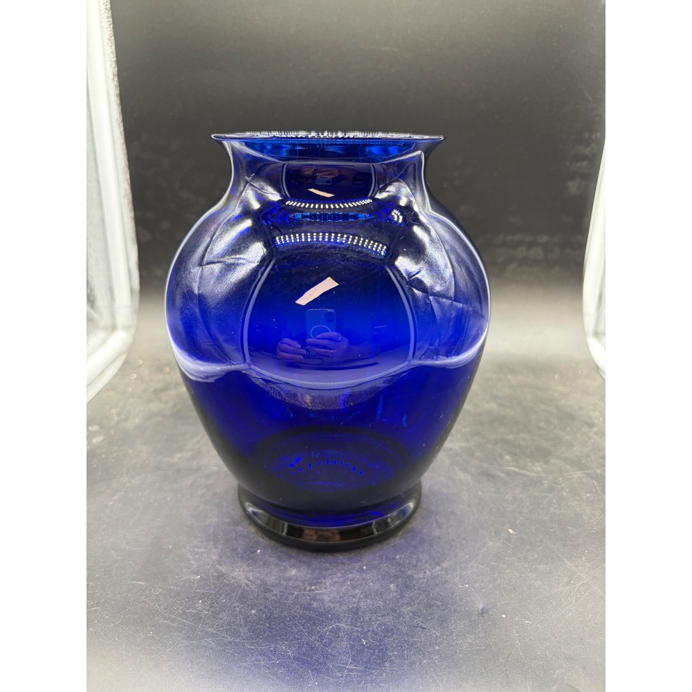 Vintage Cobalt Blue Glass Bulbous Vase Flared Rim Pedestal Base 7 Inch